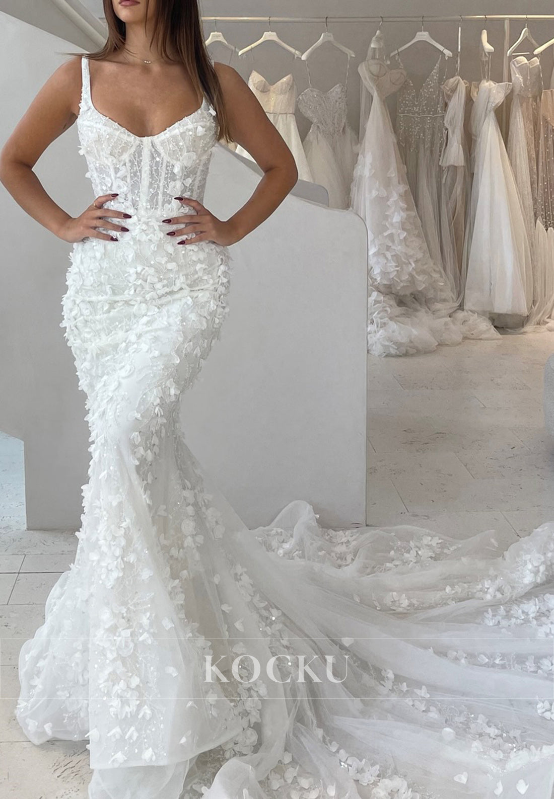 White 3D Floral Lace Open Back Buttons Mermaid Long Wedding Dress