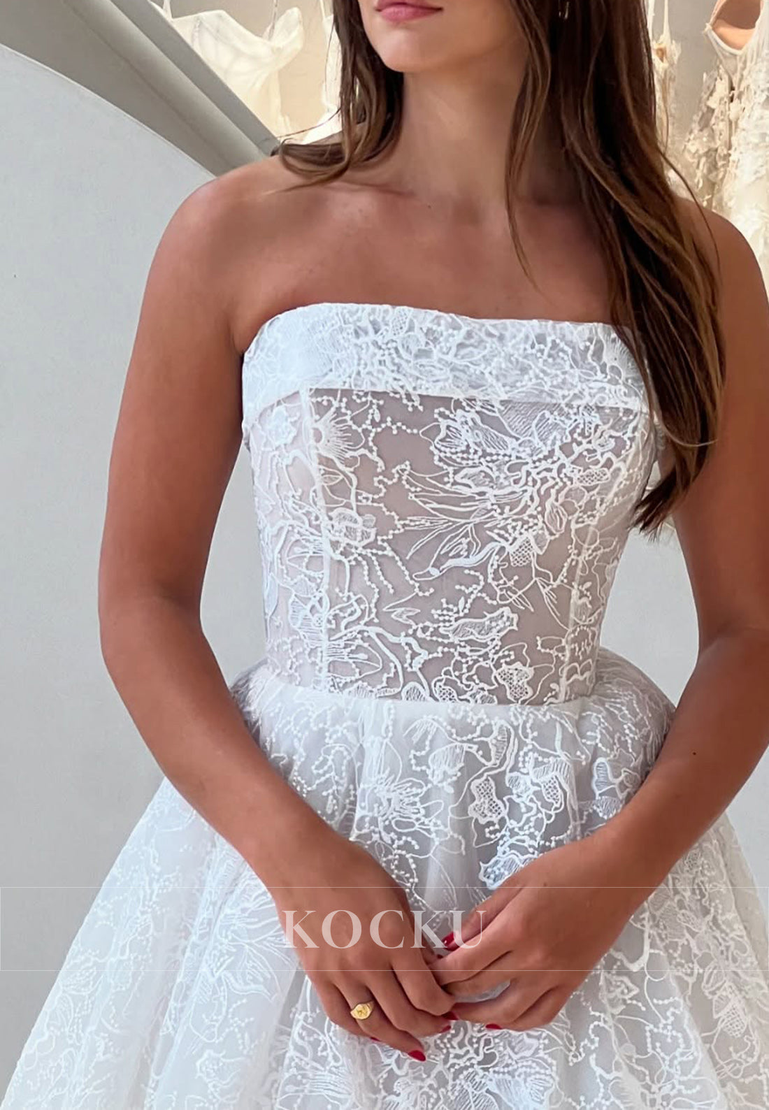 White Lace Strapless A-Line Full-Length Wedding Dress