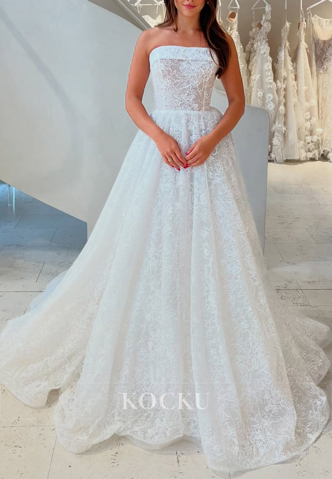 White Lace Strapless A-Line Full-Length Wedding Dress
