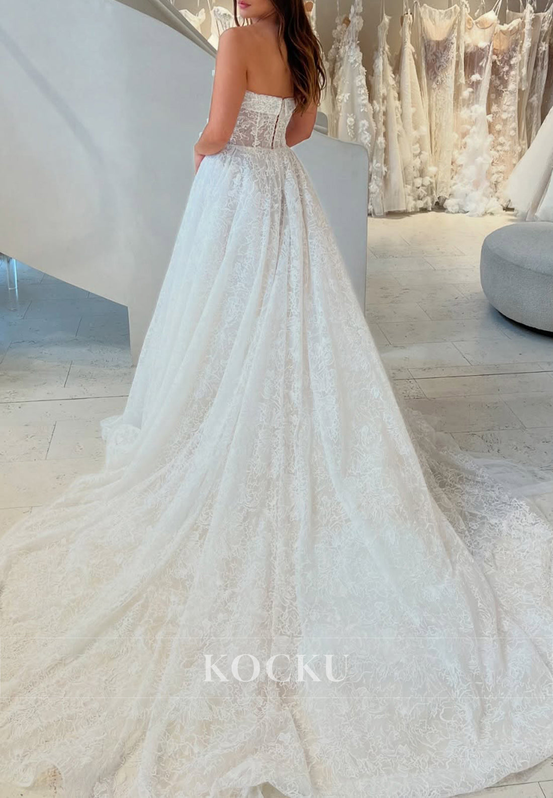 White Lace Strapless A-Line Full-Length Wedding Dress