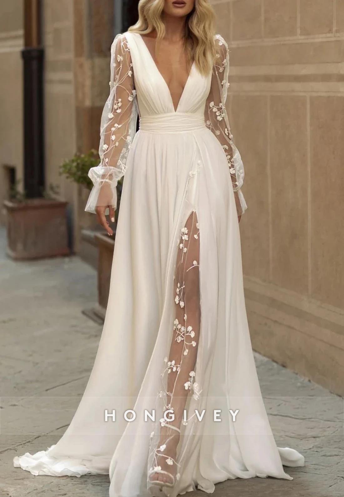 High Slit Long Sleeve V Back Pleated V Neck A-line Boho Wedding Dresses