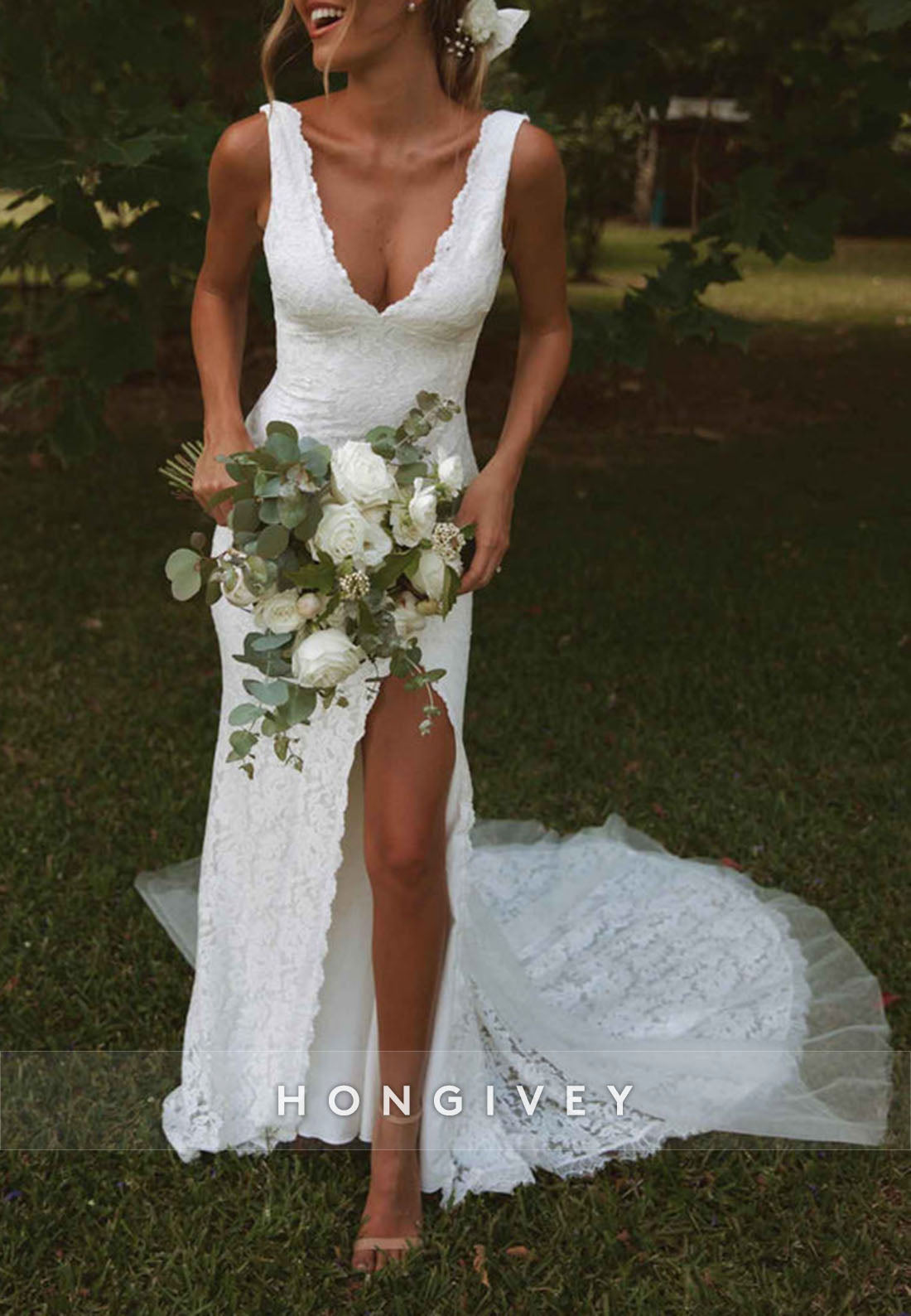 High Slit Backless Trumpet Scalloped Neck Lace Wedding Dresses