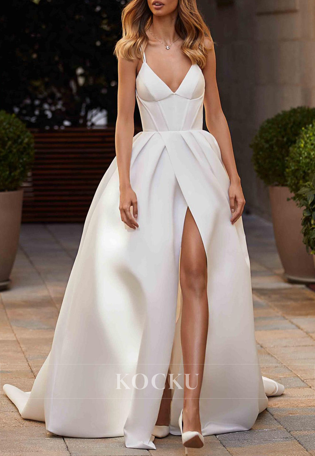 Spaghetti Strap Satin Wedding Dress with High Slit & Crisscross Back Train