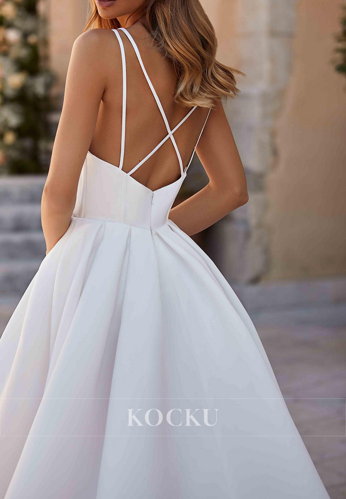 Spaghetti Strap Satin Wedding Dress with High Slit & Crisscross Back Train