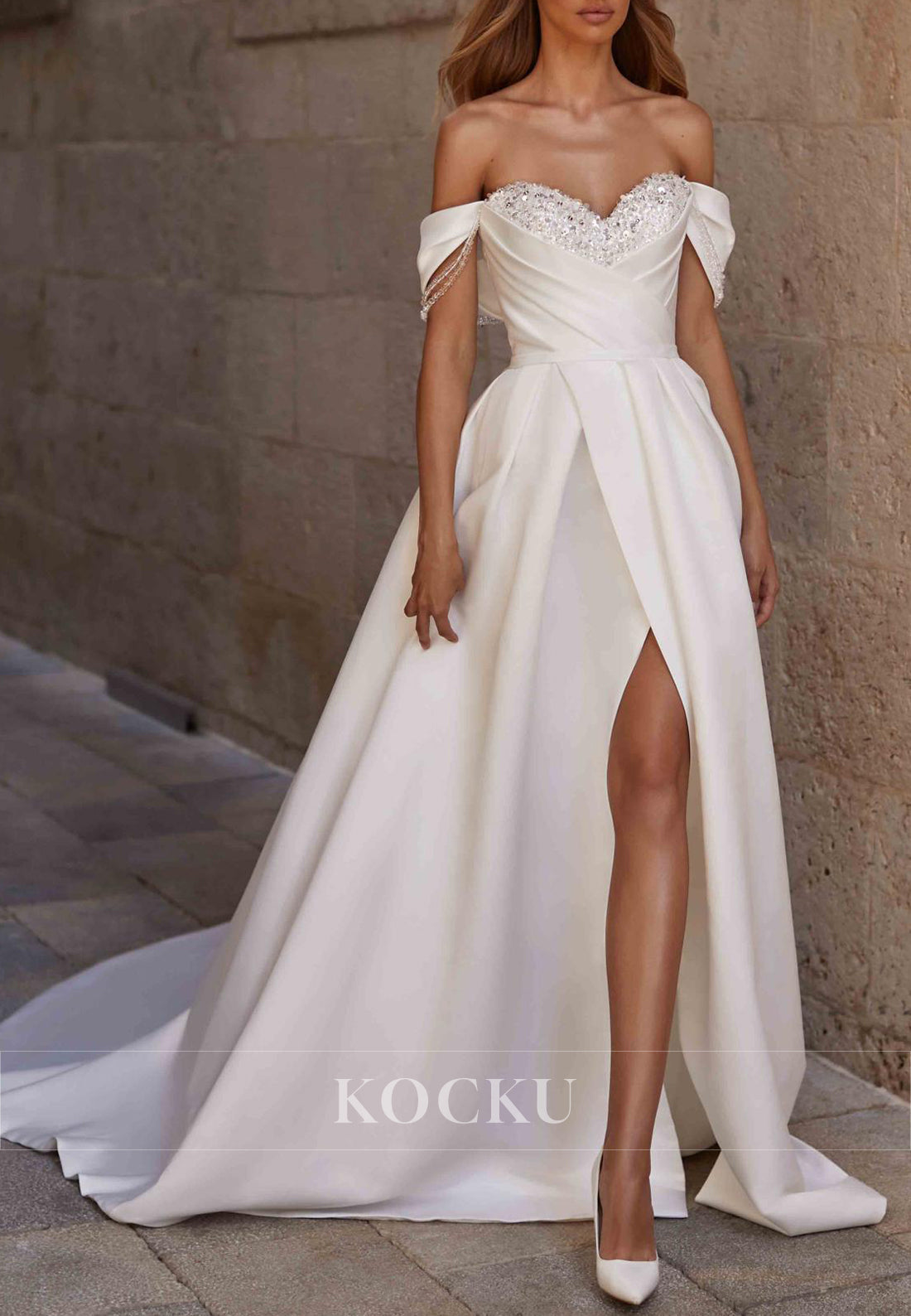 Off - Shoulder Satin Wedding Dress with Beaded Bodice, Straps and High Slit Train