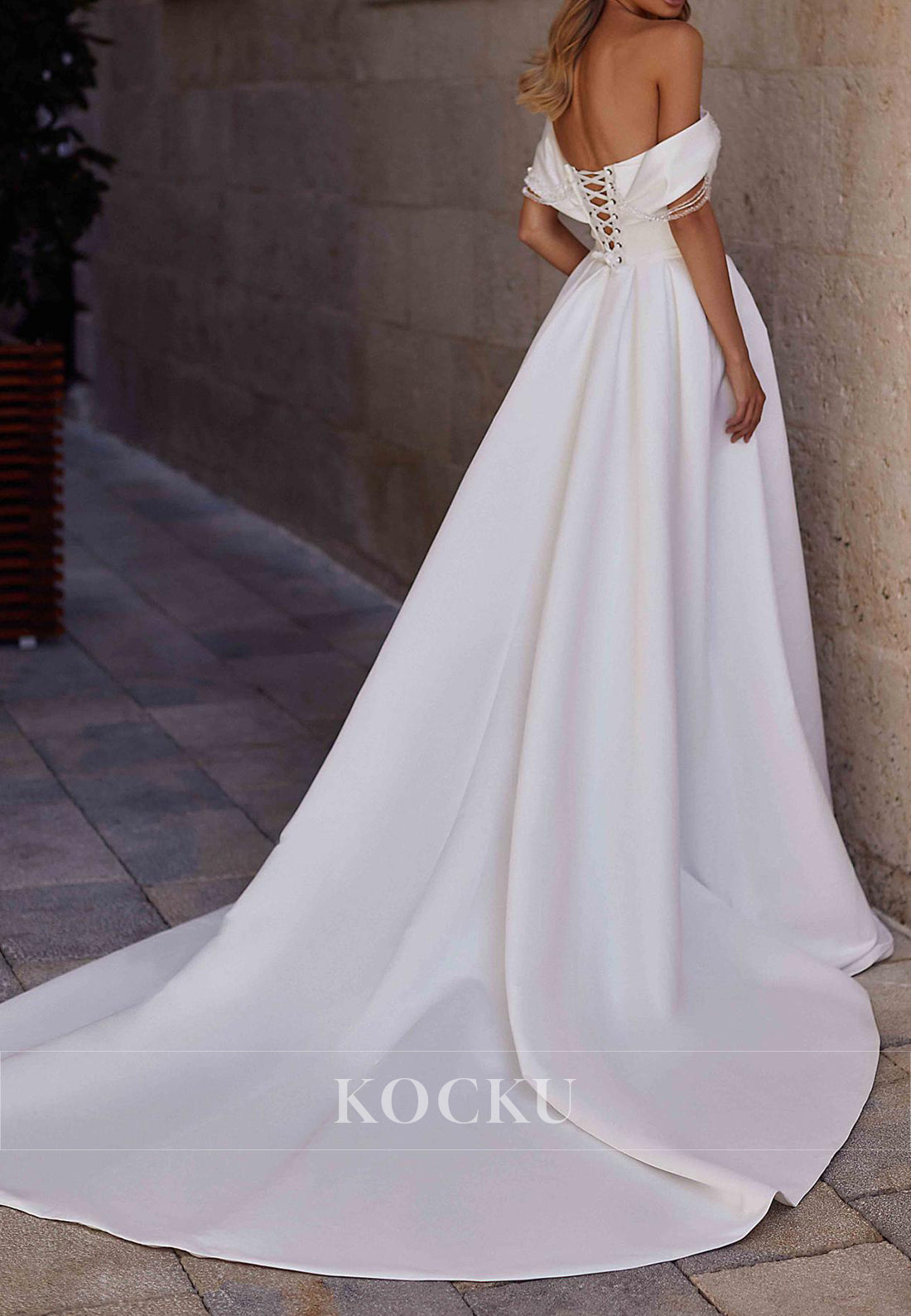 Off - Shoulder Satin Wedding Dress with Beaded Bodice, Straps and High Slit Train