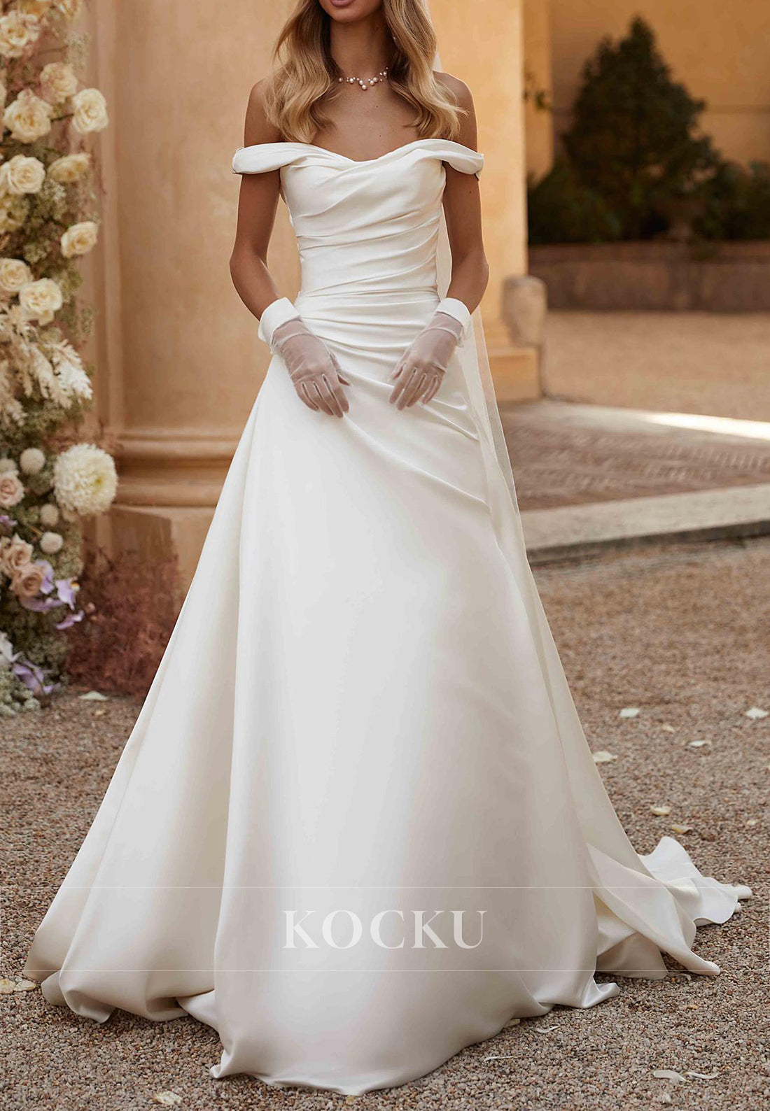 Elegant Off - Shoulder Ruched Satin Ball Gown Wedding Dress with Corset Back