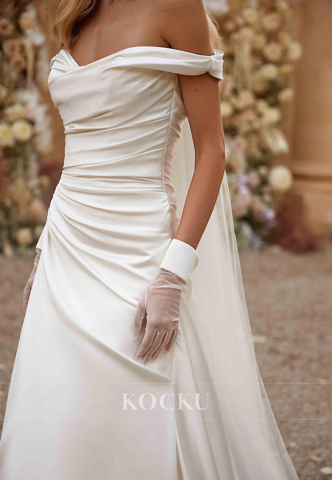 Elegant Off - Shoulder Ruched Satin Ball Gown Wedding Dress with Corset Back