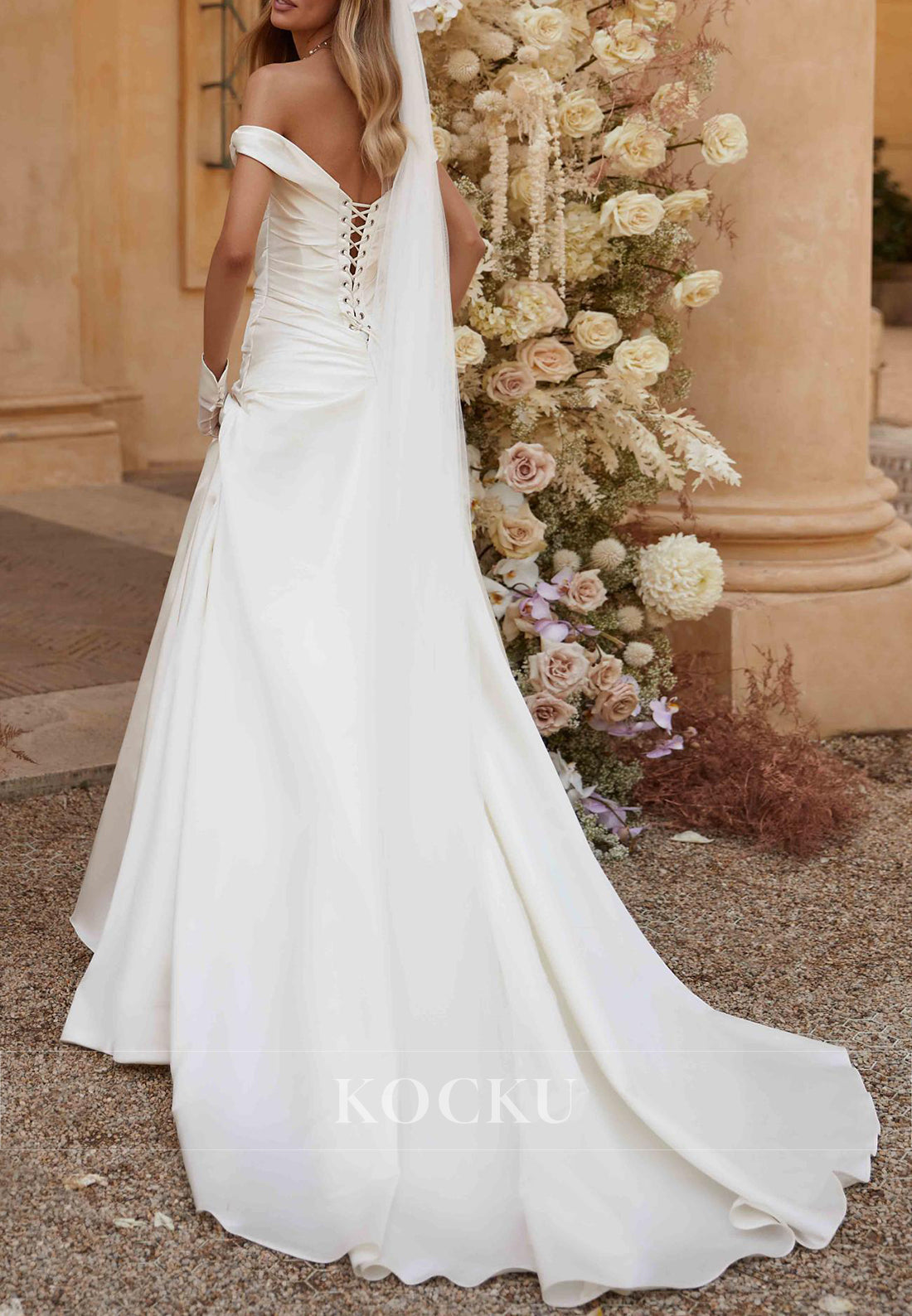 Elegant Off - Shoulder Ruched Satin Ball Gown Wedding Dress with Corset Back