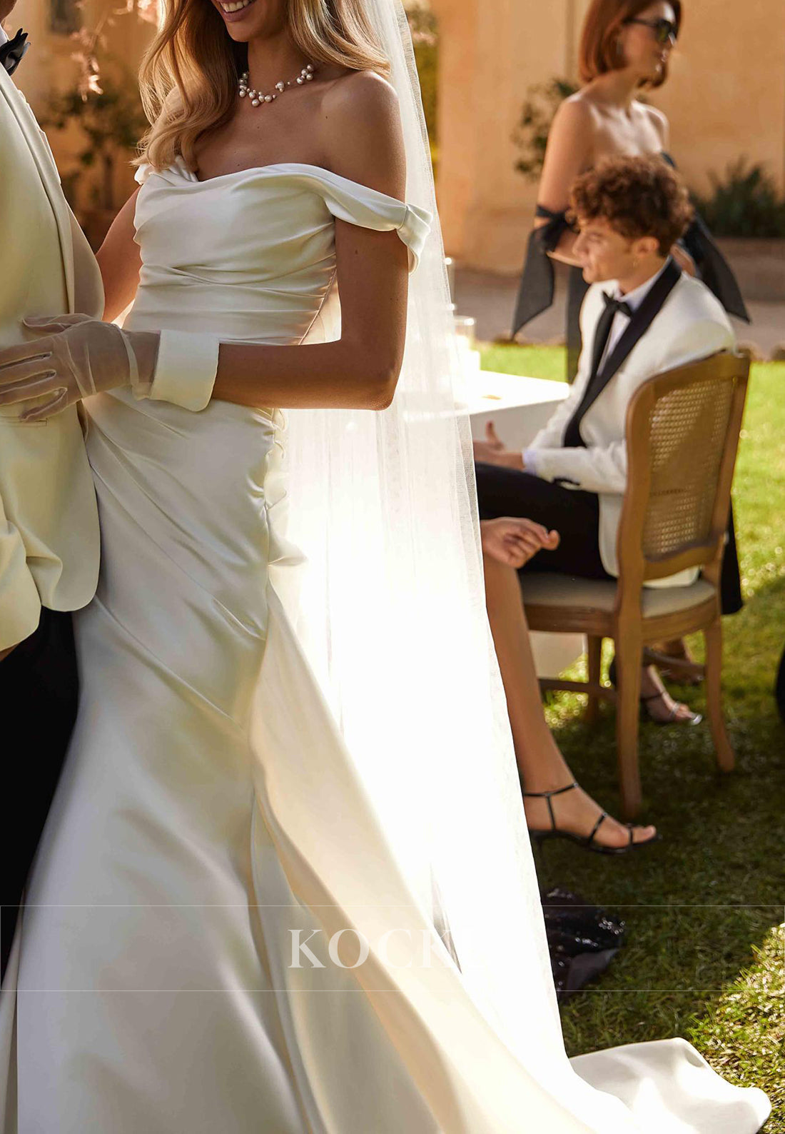 Elegant Off - Shoulder Ruched Satin Ball Gown Wedding Dress with Corset Back