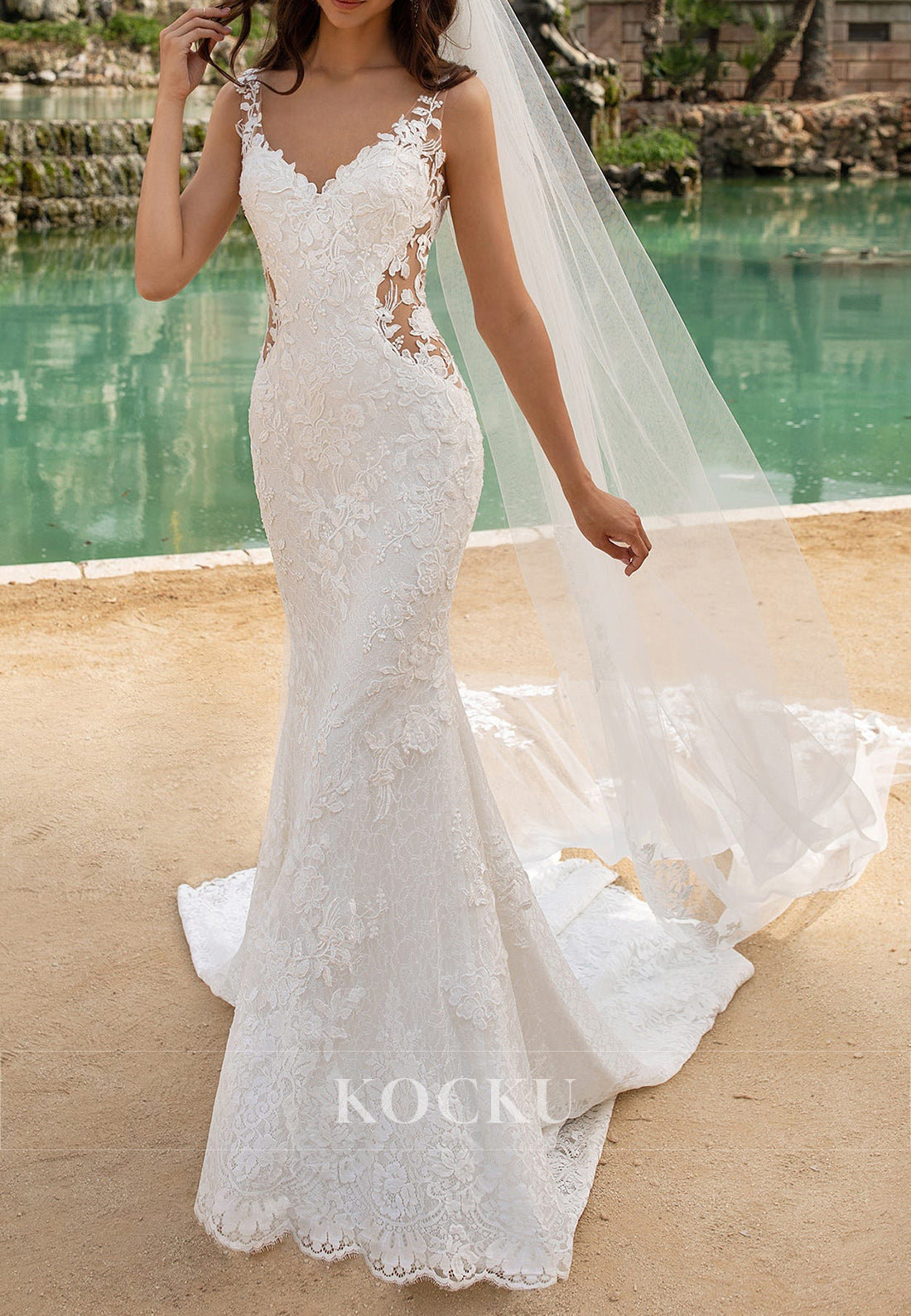 Lace Mermaid Wedding Dress with Deep V - Neck, Sheer Sides & Open Back Train
