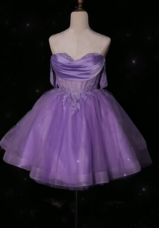 Elegant Lavender Sweetheart Neck Tulle Appliques A Line Birthday Outfits Formal Homecoming Dress  D153