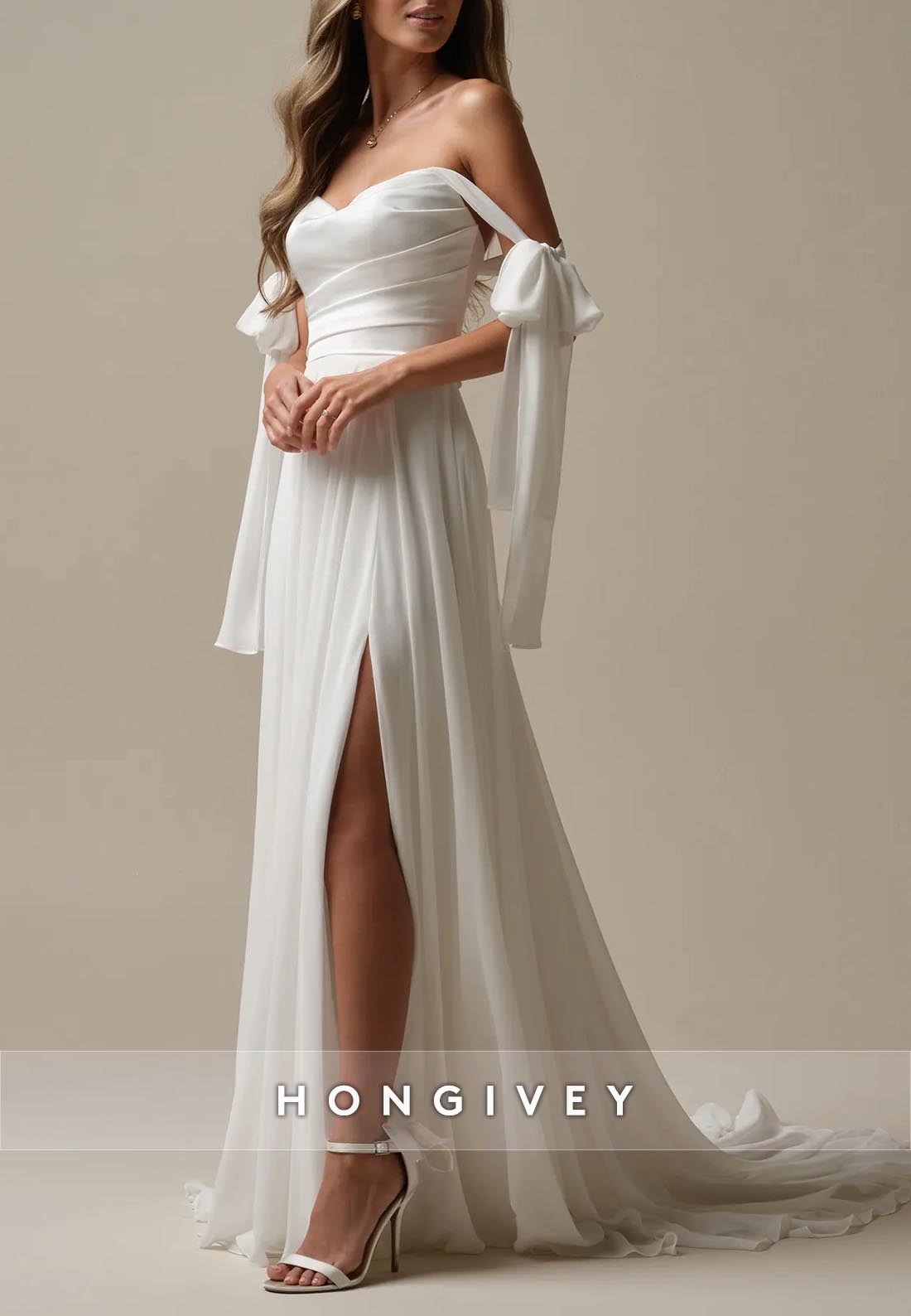 Low Back A-line Chapel Train Sweetheart Side Slit Straps Pleated Beach Wedding Dresses