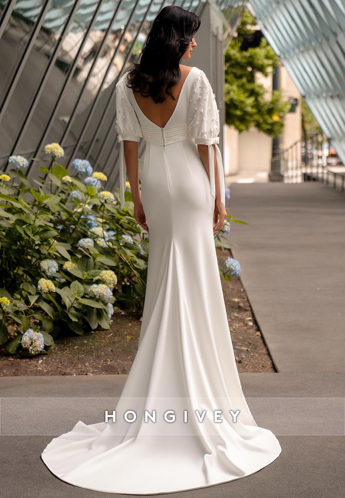 Trumpet Chapel Train V Neck Half Sleeve Pleated V Back Beading Wedding Dresses