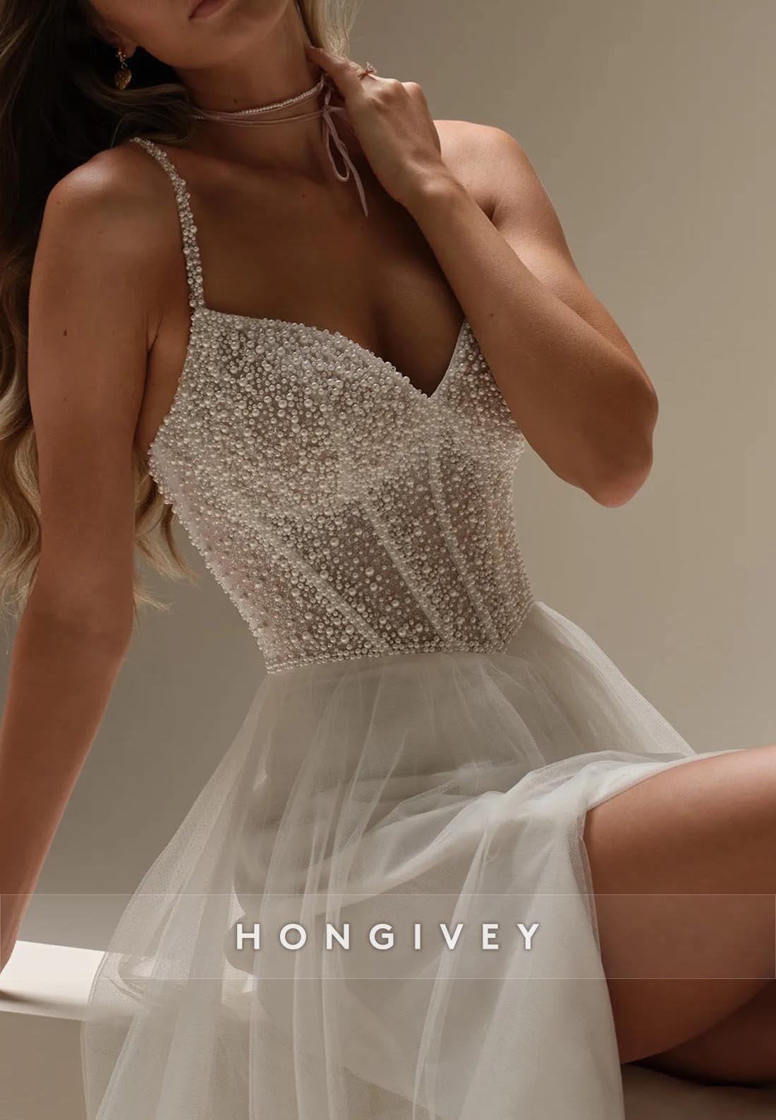 Low Back Beading Spaghetti Straps Tulle Sweetheart Chapel Train Princess Boho Wedding Dresses