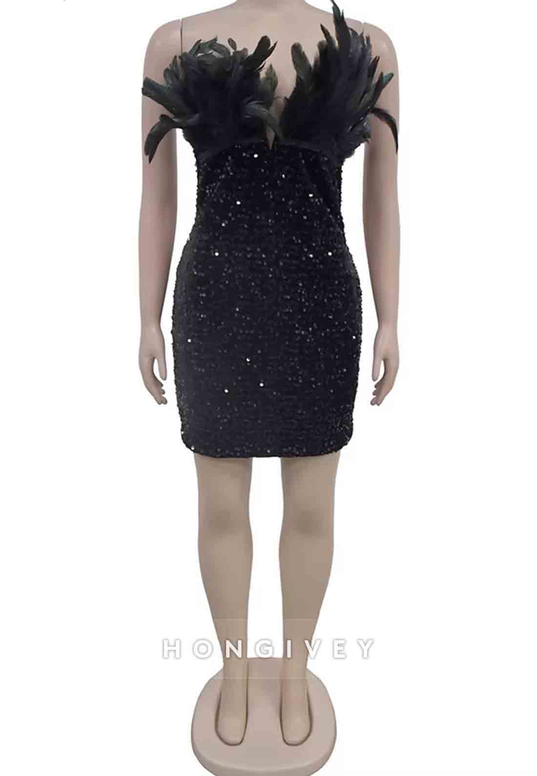 Low V-Neck Strapless Feather Sheath Sleeveless Glitter Mini Homecoming Dresses