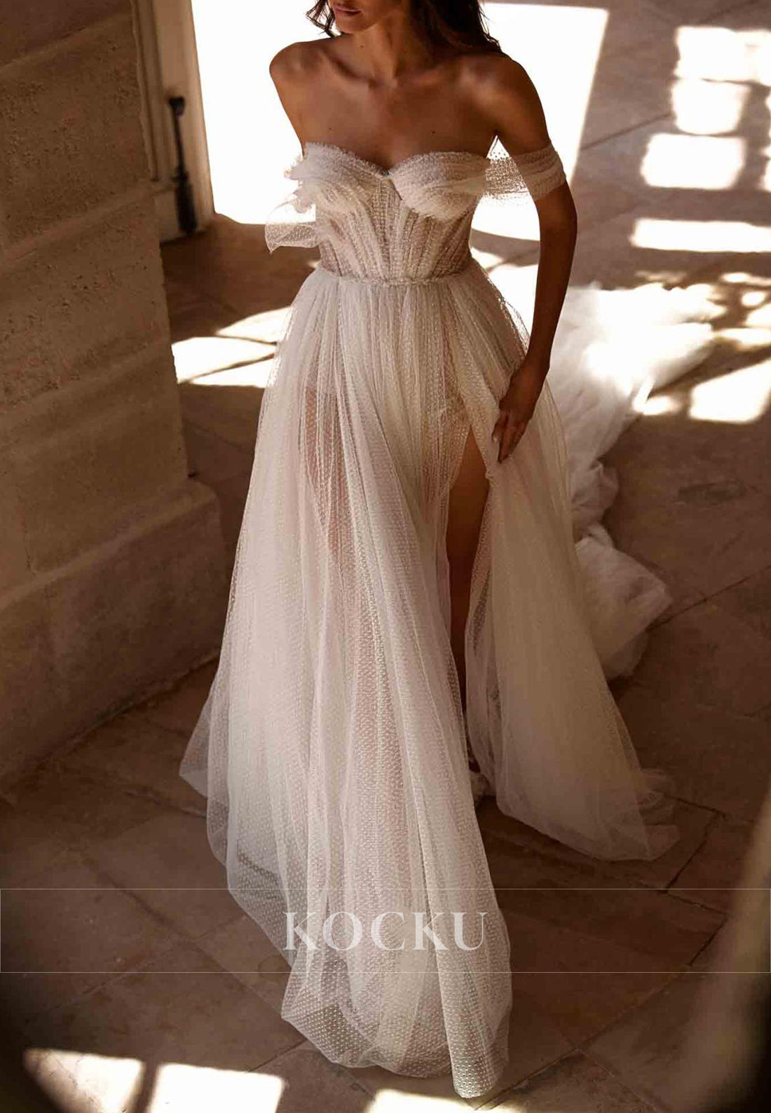 Romantic Off - Shoulder Lace-Up Dotted Tulle Wedding Dress with High Slit & Train