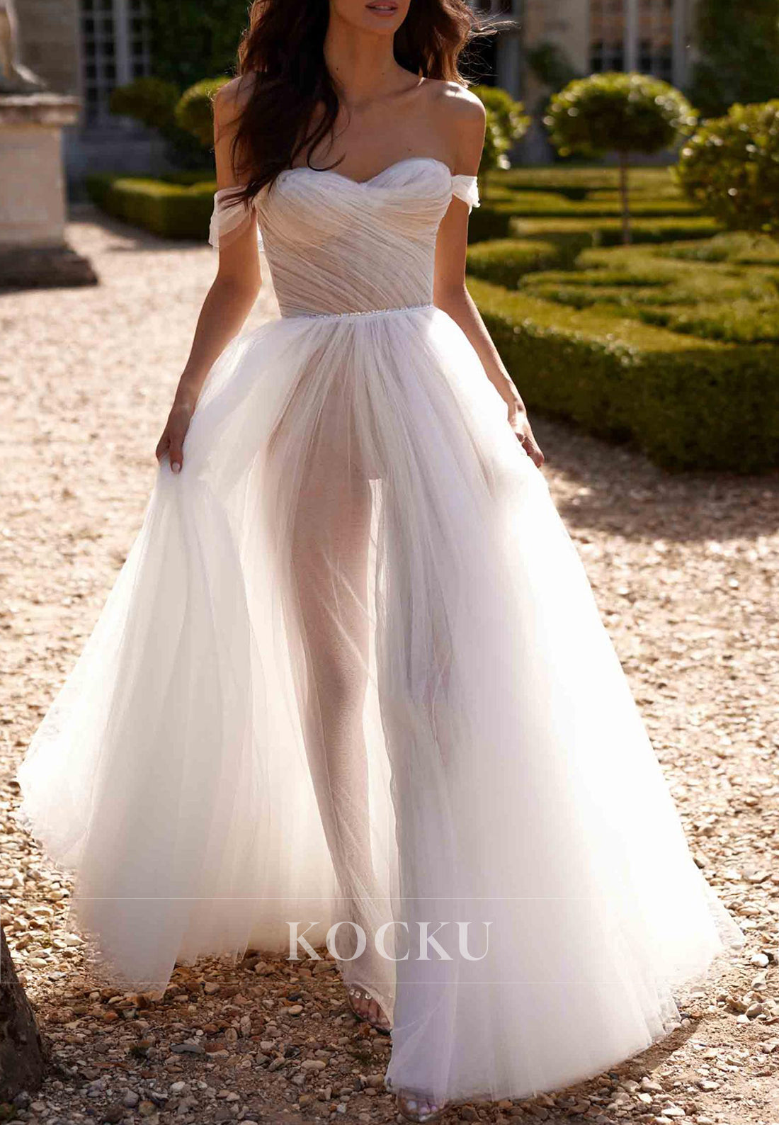Romantic Off - Shoulder Tulle Ball Gown Wedding Dress with Corset Back