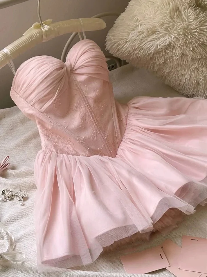 Cute Sweetheart Neck Pink Lace Short Birthday Outfits A Line Graduation Homecoming Dress S918