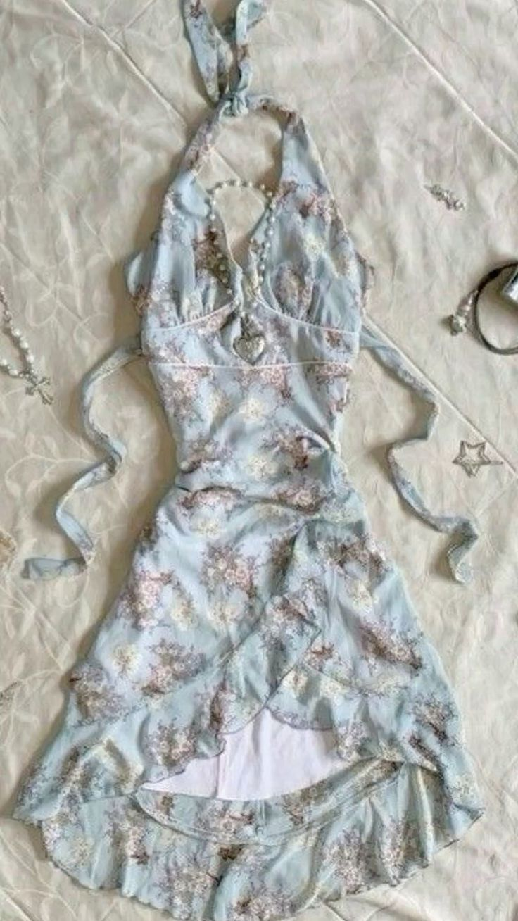 Cute Blue Chiffon Printed Floral Halter Short 8th Grade Homecoming Dress Birthday Outfits D146