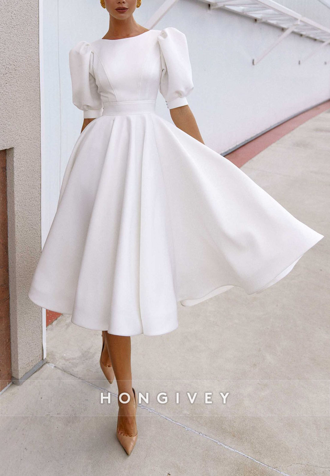 Back Hole Half Sleeve Ball Gown Pleated Tea-Length Wedding Dresses