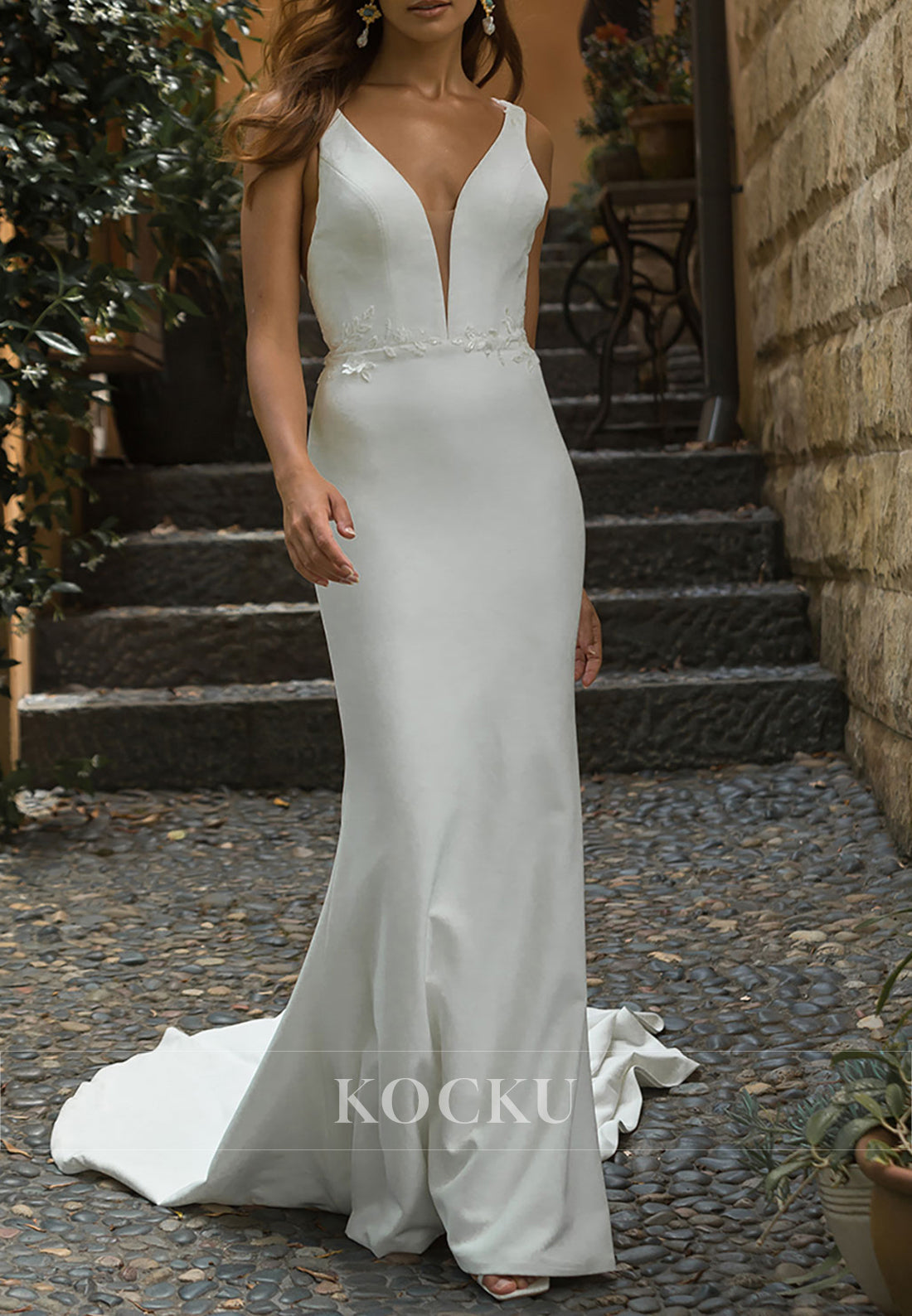 Plunge Neckline Mermaid Wedding Dress with Open Back & Detachable Embroidered Tulle Train