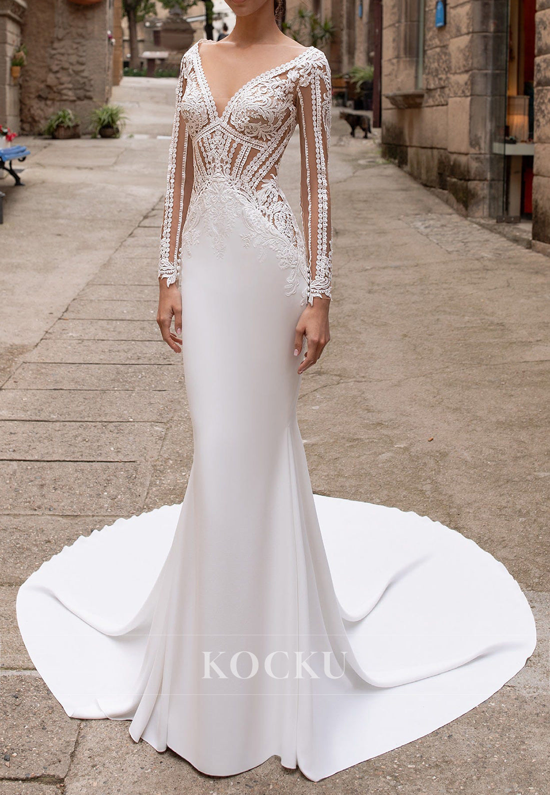Lace Illusion Long Sleeve Mermaid Wedding Dress with Sheer Back & Train