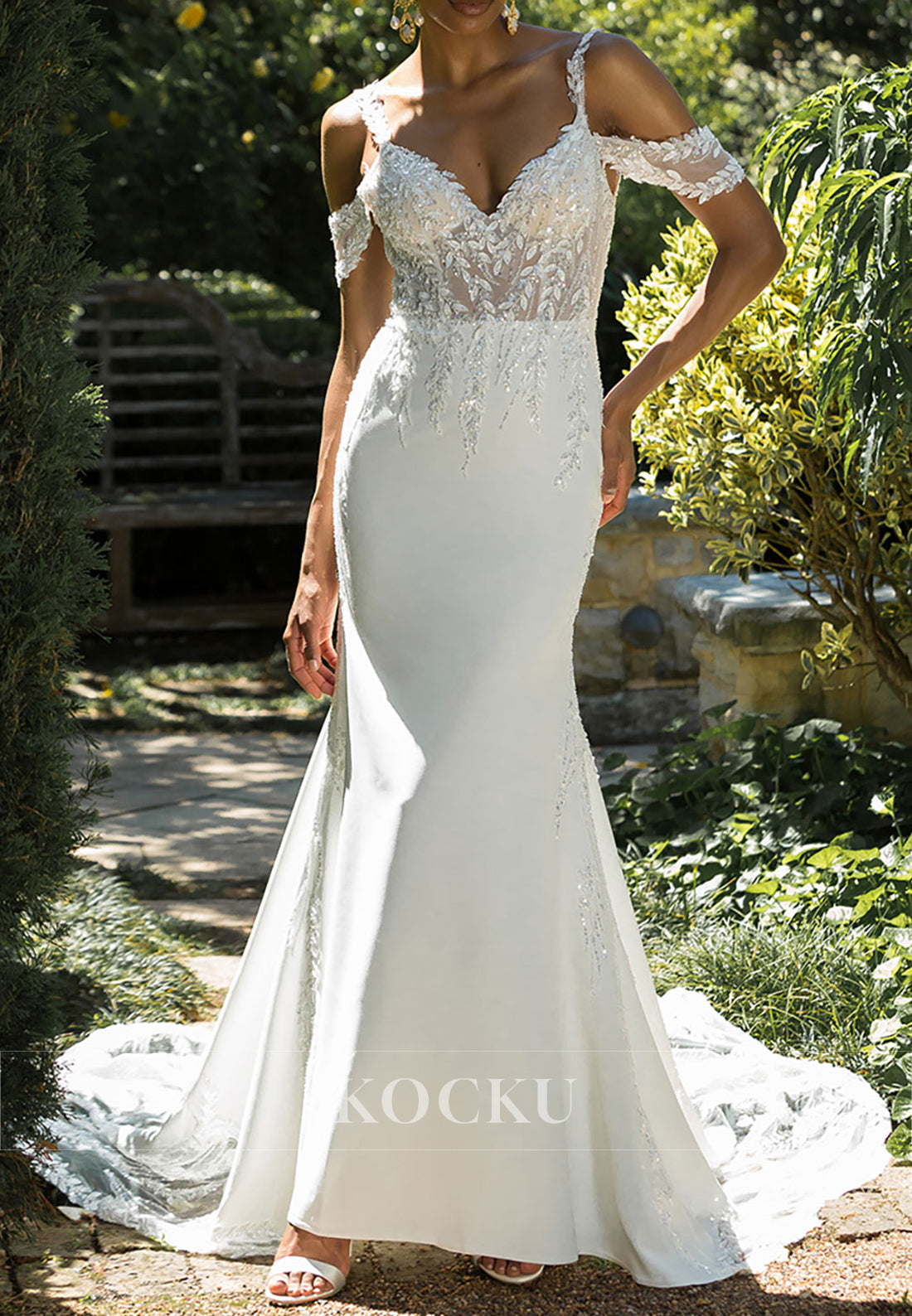 Romantic Off - Shoulder Bridal Gown with Lace Bodice, Mermaid Silhouette & Train