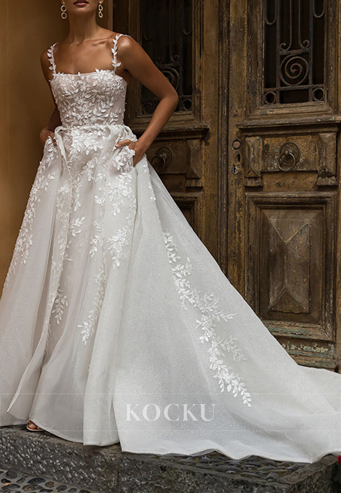 Ethereal Spaghetti Strap Sparkle Tulle Wedding Dress with Floral Appliqués & High Slit Train