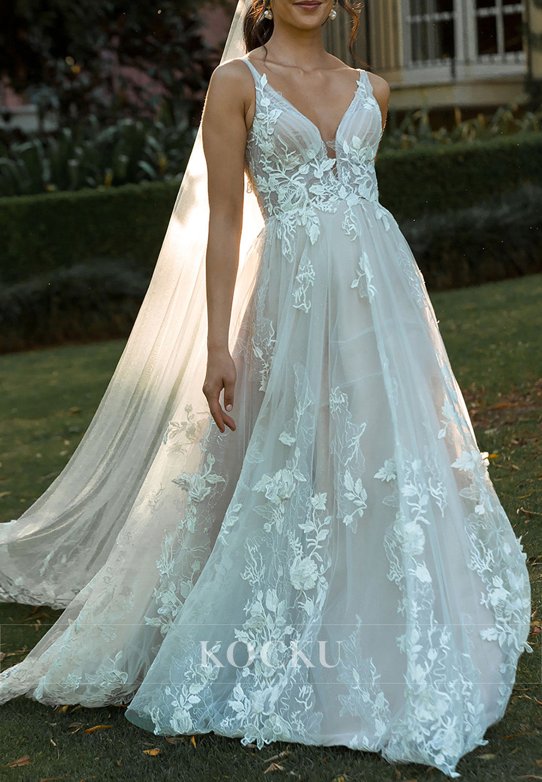 Spaghetti Strap Ivory Tulle Wedding Dress with Floral Appliqués & Open Back Train