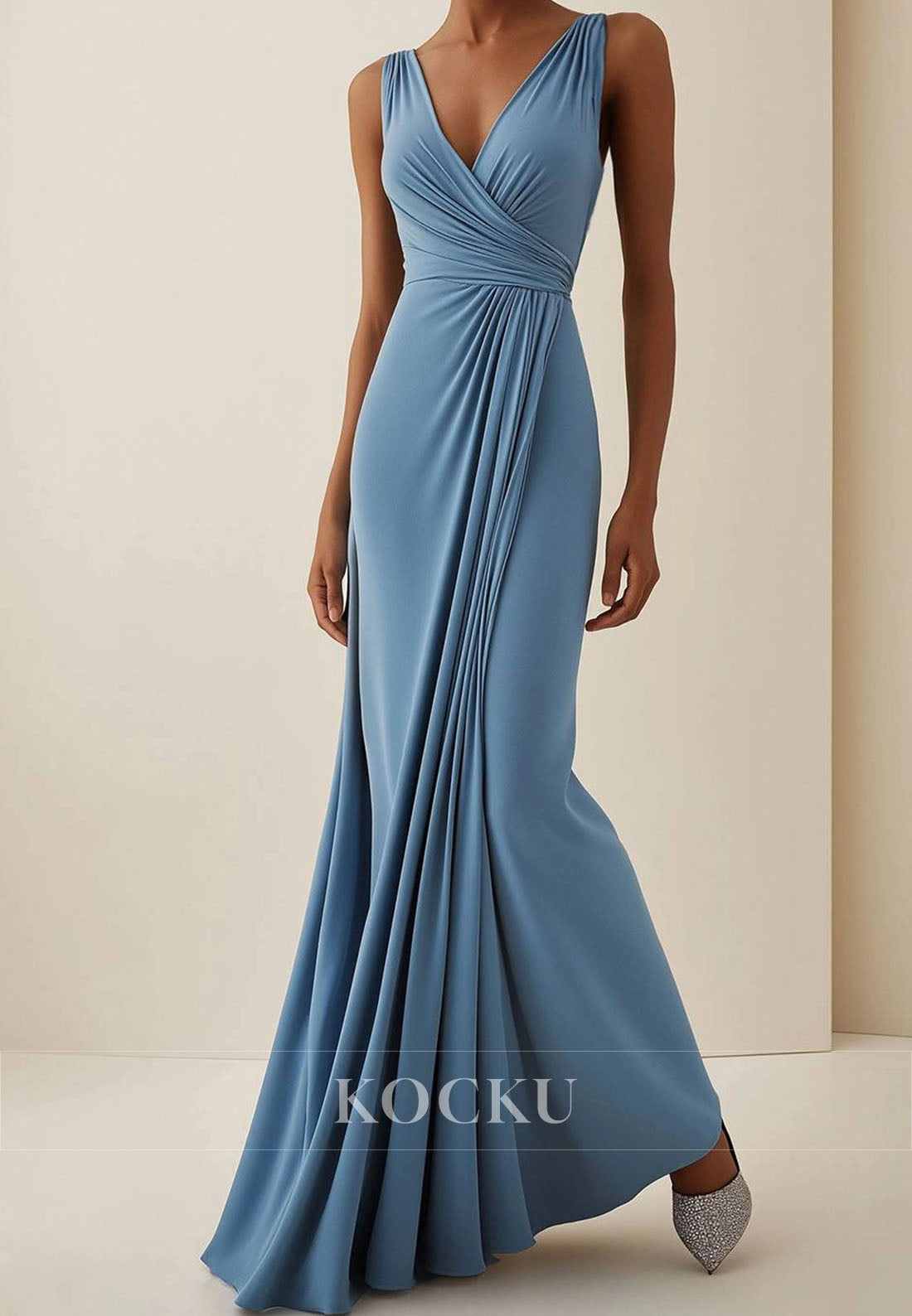 Daily V-Neck Straps Sheath Satin Work Dress Pleated Long Formal Wedding Guest Dress