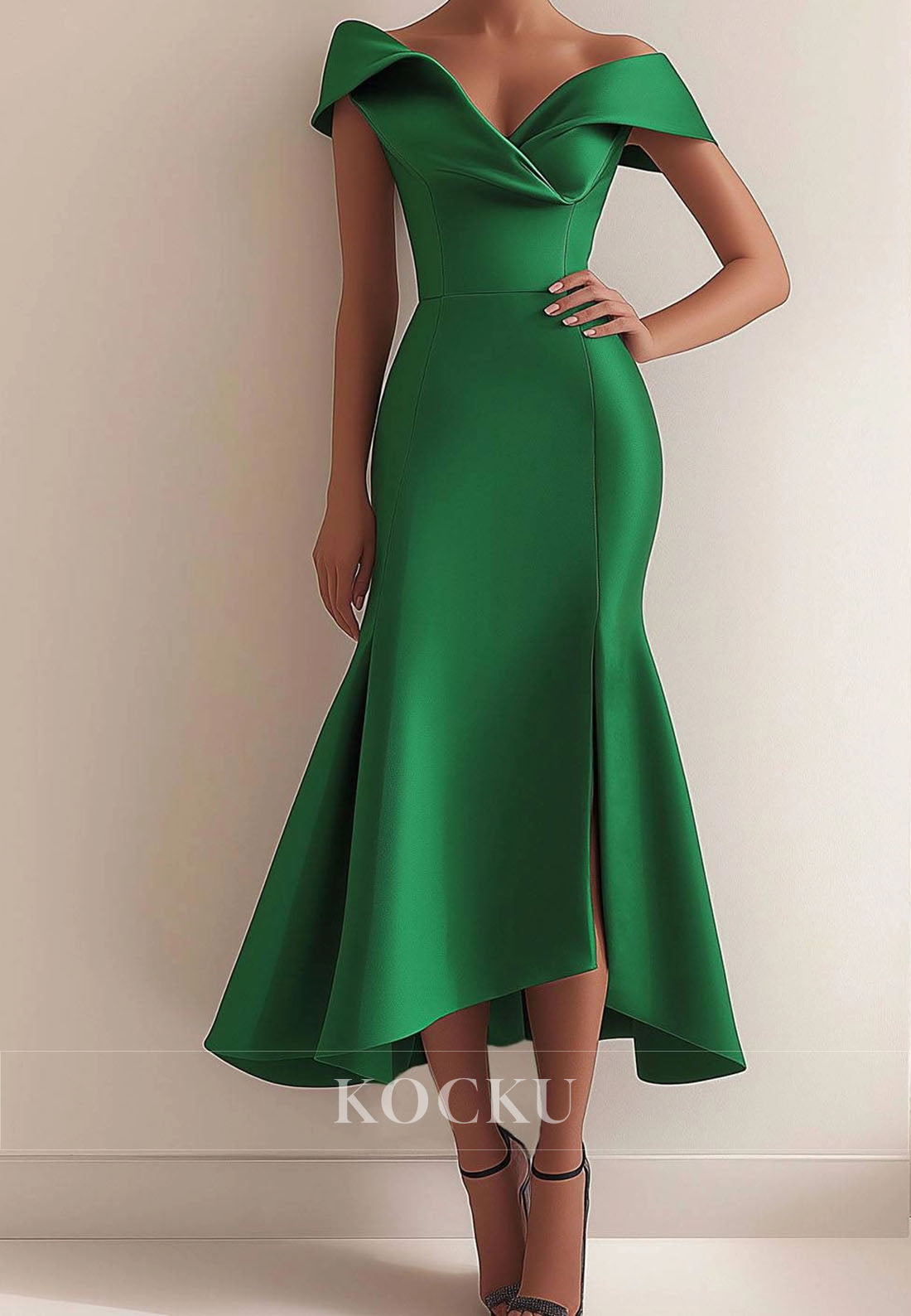 Formal Gowns Off-Shoulder Mermaid Satin Midi Wedding Guest Dresses