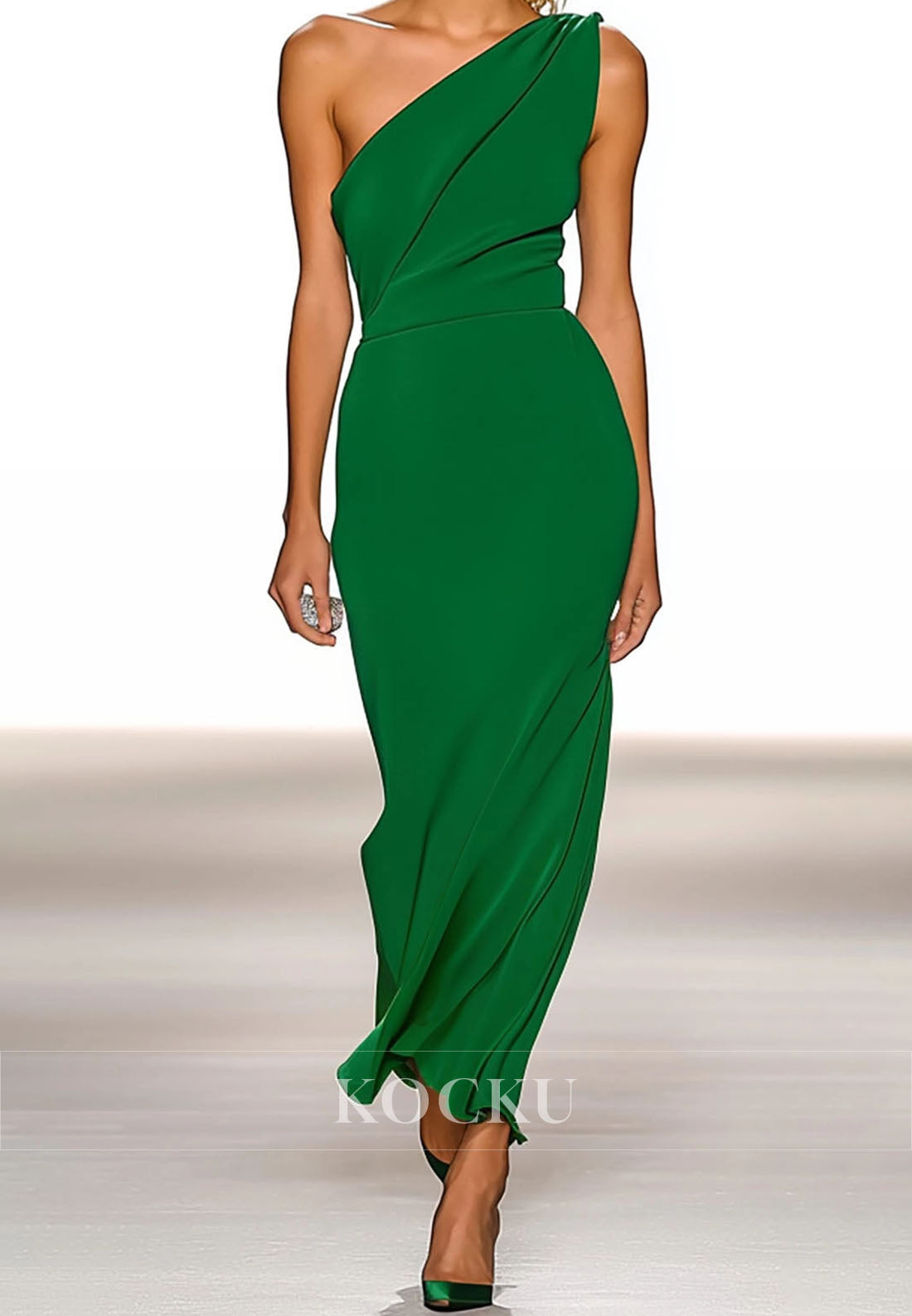Green One Shoulder Sleeveless Sheath Satin Long Formal Wedding Guest Dress