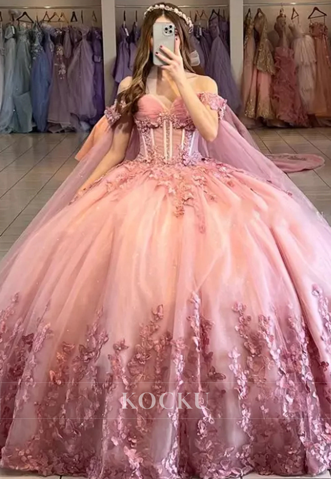 Gorgeous Ombre Pink Ball Gown with Lace - Embellished Bodice and Floral - Embroidered Skirt