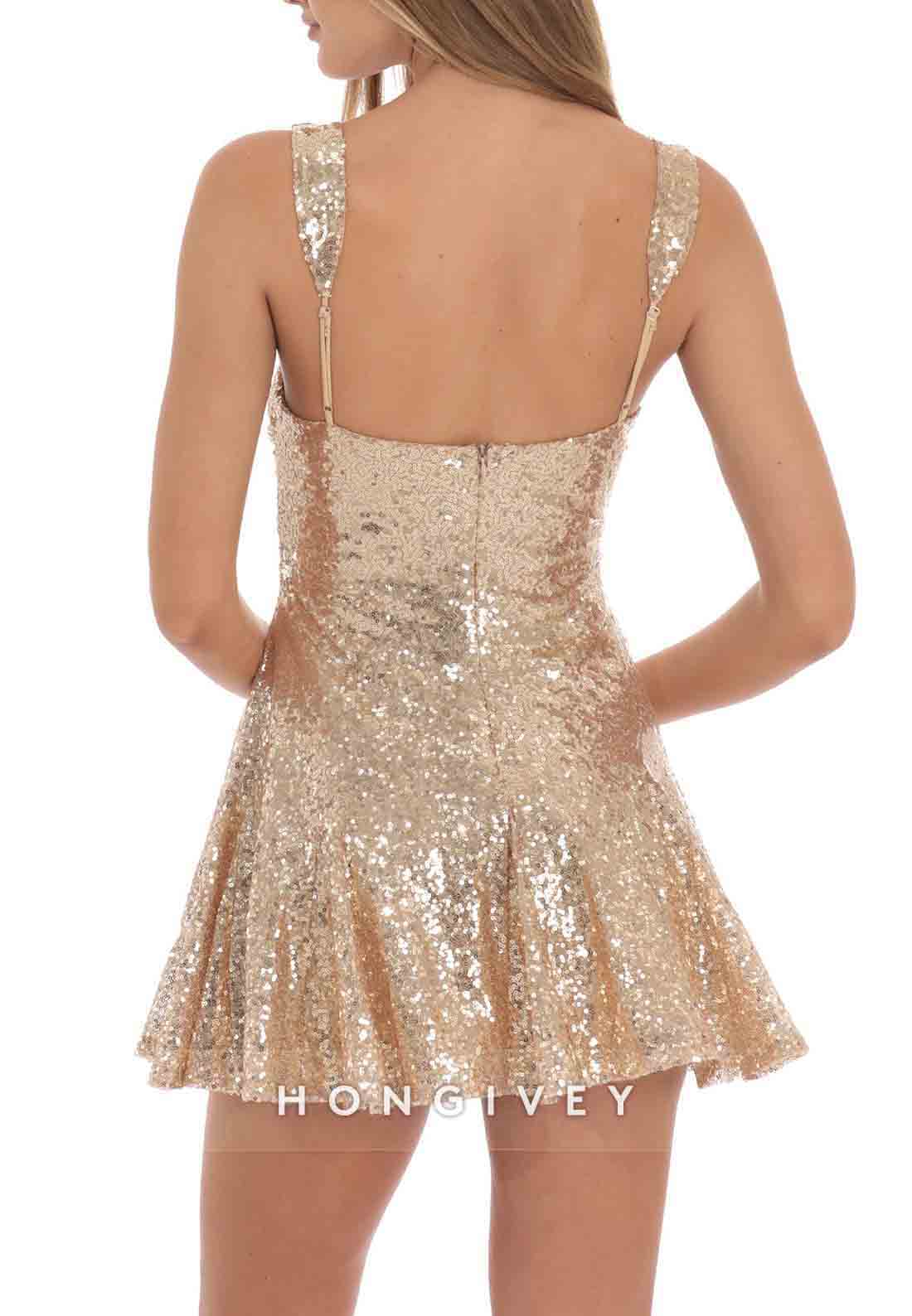 Glitter Square Neck A-Line Regular Straps Low Back Mini Homecoming Dresses