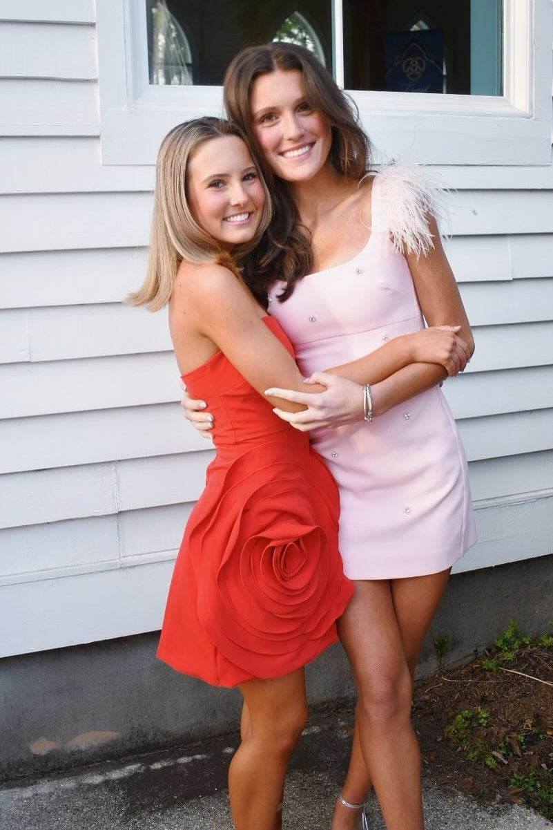 Pretty Sheath Square Neck Pink Short Homecoming Dress with Feather