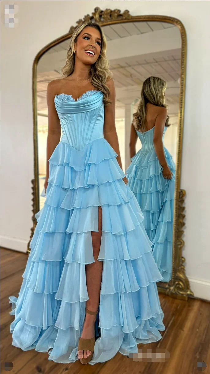 A-Line Sweetheart Sleeveless Floor-Length Pleated Lace Stripe Prom Dress with High Slit Formal Gown