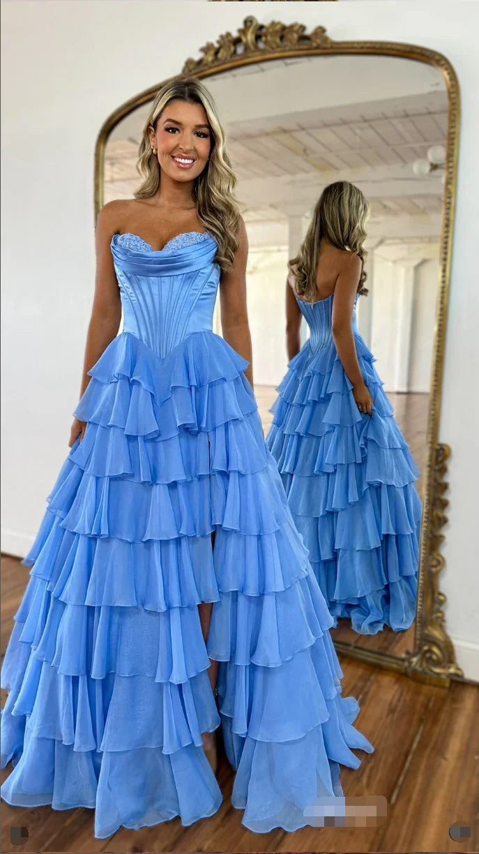 A-Line Sweetheart Sleeveless Floor-Length Pleated Lace Stripe Prom Dress with High Slit Formal Gown