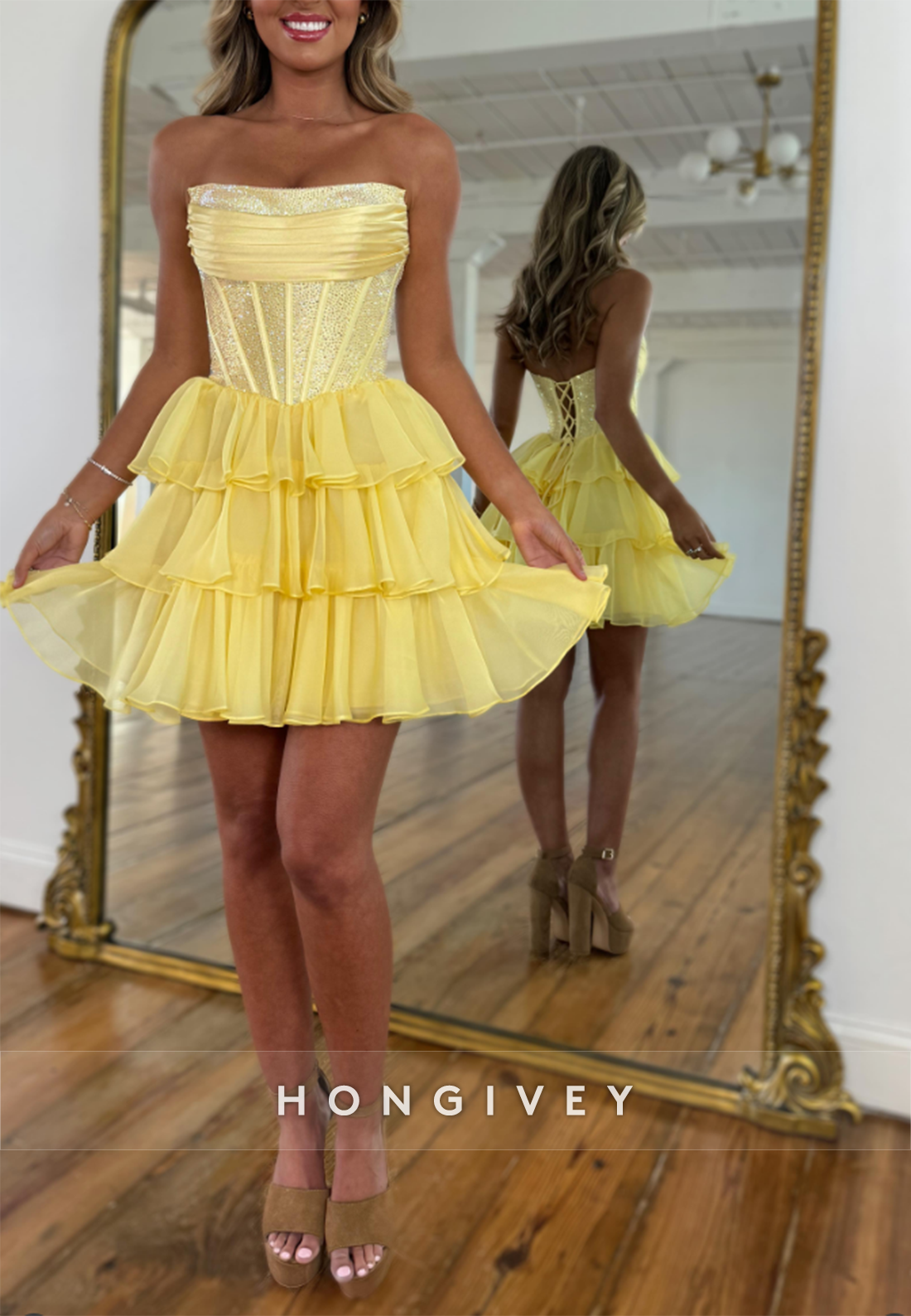 A-Line Strapless Ruched Crisscross Back Pleated Short Homecoming Dresses