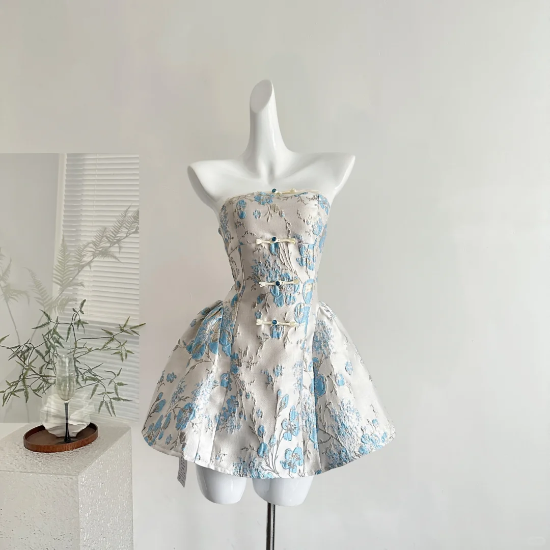 Vintage Strapless Satin Print Floral A Line Women Dress Holiday Dress S691