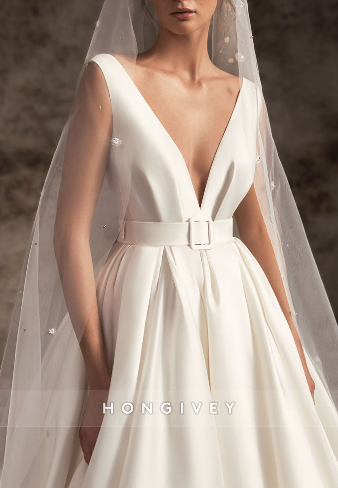 Waistband Chapel Train Cap Straps Satin V Neck Pleated Wedding Dresses