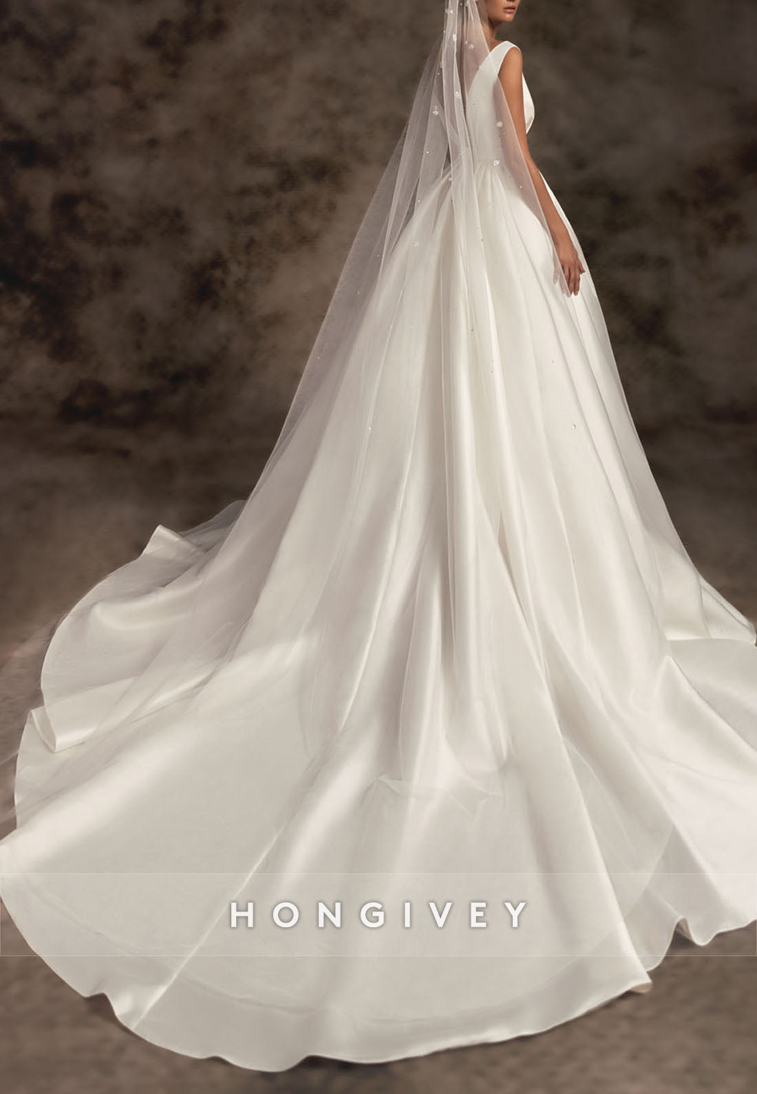 Waistband Chapel Train Cap Straps Satin V Neck Pleated Wedding Dresses