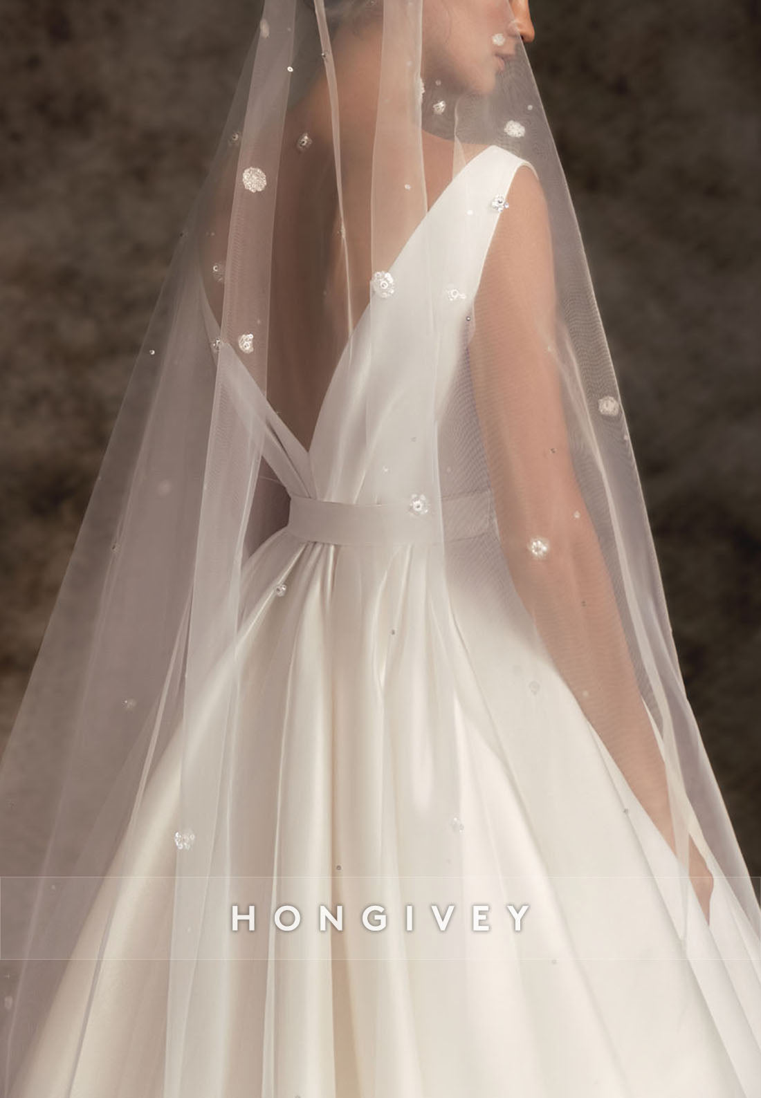 Waistband Chapel Train Cap Straps Satin V Neck Pleated Wedding Dresses