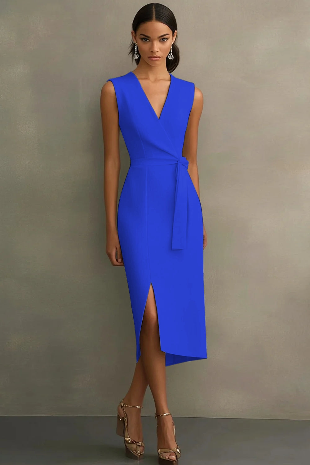 White Satin V-Neck Formal Dress with Belt