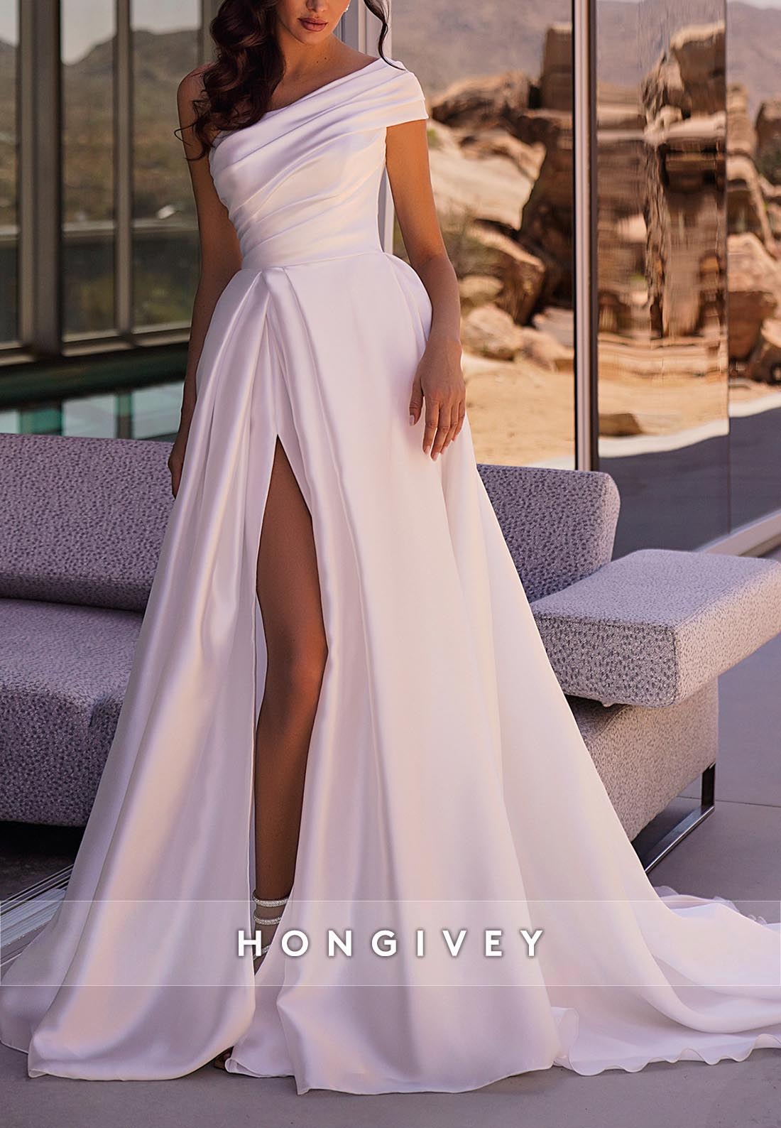 One Shoulder High Slit Simple Chapel Train Satin Pleated Wedding Dresses