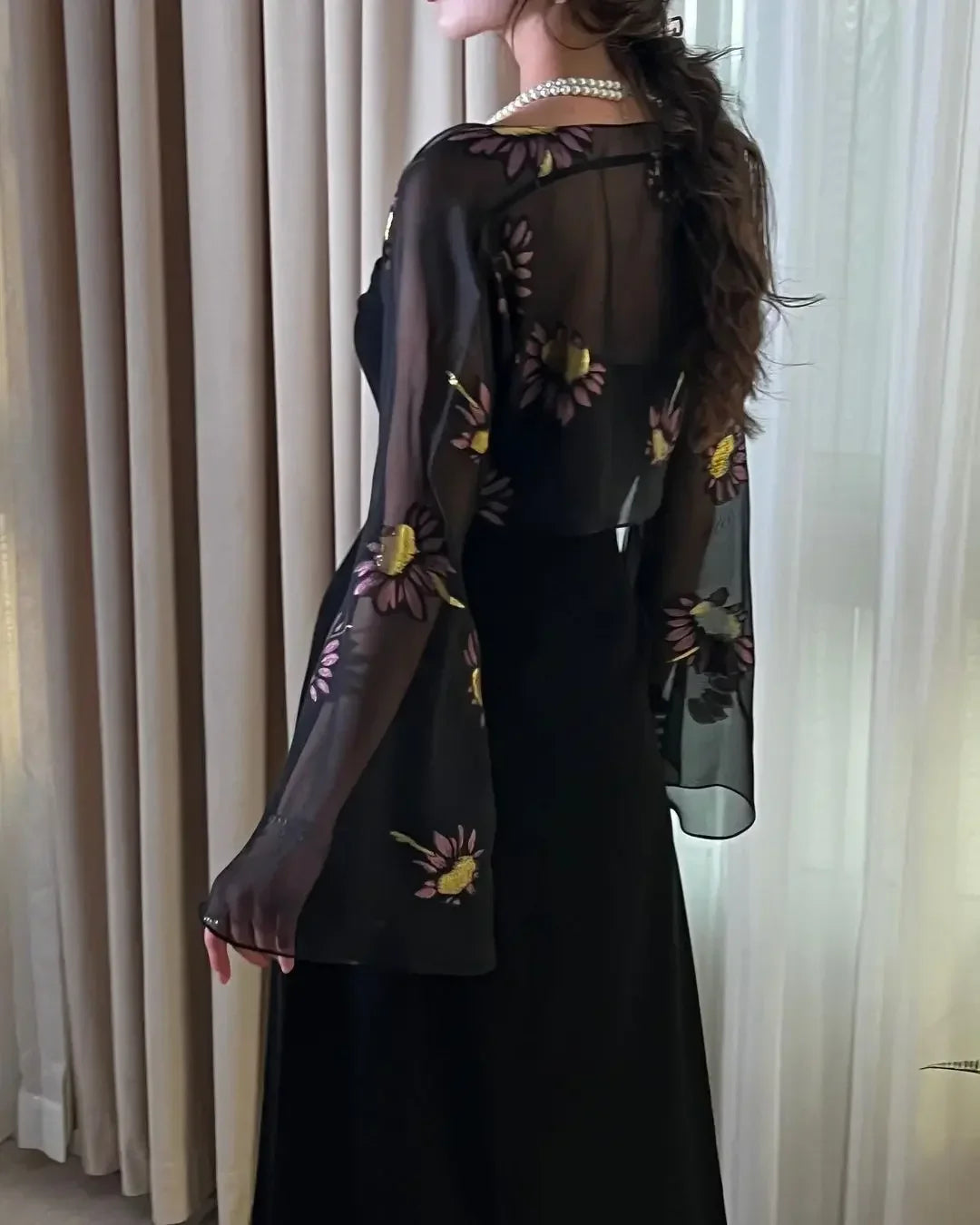 Evening Dresses Black Prom Dresses Printed Chiffon Long Sleeves Jackets Wedding Guest Dress for Women Special Party