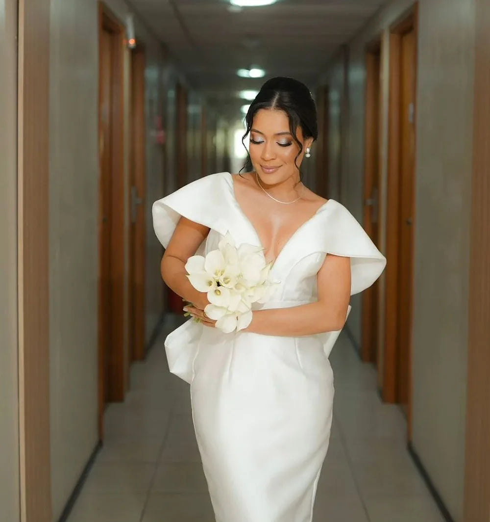 Msikoods Modern V Neck Wedding Dresses Dubai Cap Sleeves Customized Mermaid Bride Gowns With Bow Backless Wedding Party Dress