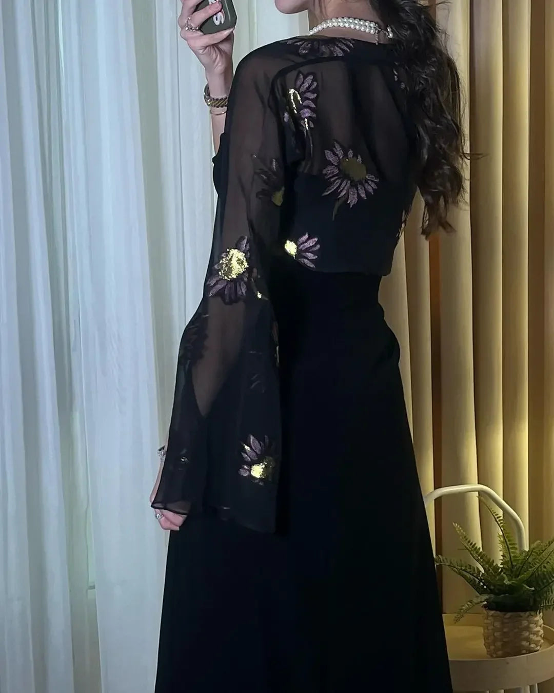 Evening Dresses Black Prom Dresses Printed Chiffon Long Sleeves Jackets Wedding Guest Dress for Women Special Party