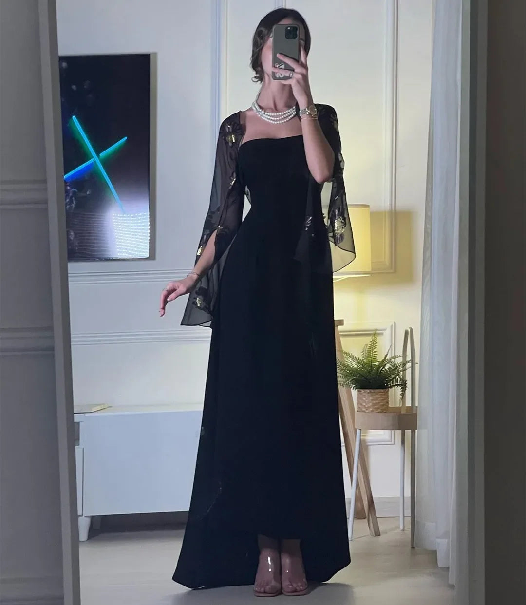 Evening Dresses Black Prom Dresses Printed Chiffon Long Sleeves Jackets Wedding Guest Dress for Women Special Party