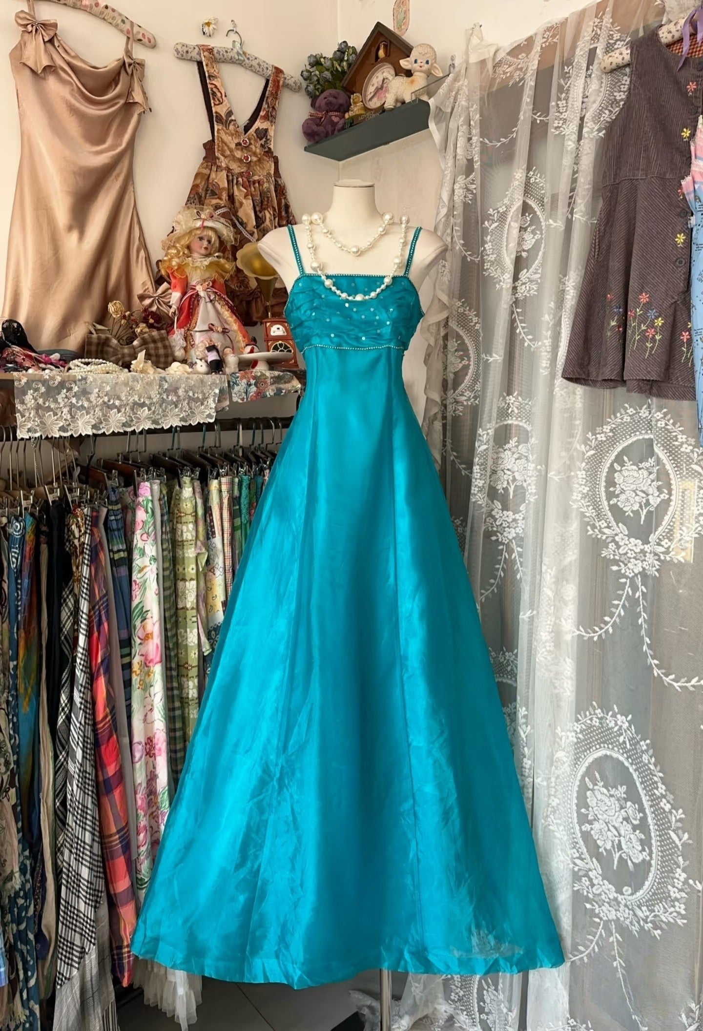 Vintage Fashion A line Spaghetti Straps Blue Floor Length Evening Dress Prom Dresses SD1899